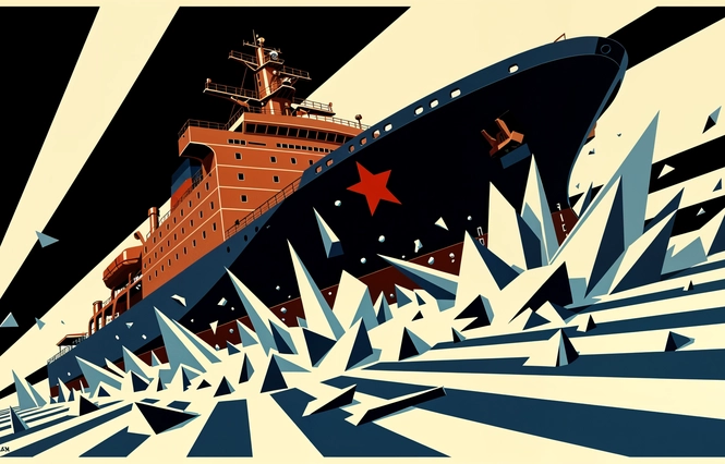 Affiche constructiviste — brise-glace nucléaire monumental fendant la banquise, étoile rouge sur la coque, style El Lissitzky