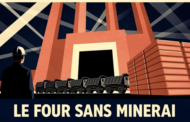 Affiche constructiviste — gueule d'un four de fonderie béante et vide devant une file de camions vides, piles de cathodes de cuivre inutilisées, un ouvrier casqué face au vide