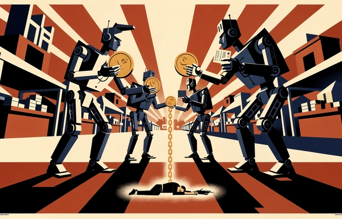 Poster constructiviste : un marché désert où des robots négocient entre eux, un humain endormi dans le coin, une chaîne dorée reliant sa main aux machines