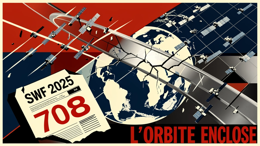 Affiche constructiviste — anneau orbital fissuré, rapport SWF avec le chiffre 708 en rouge sang, style El Lissitzky