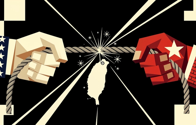 Affiche constructiviste — bras de fer entre deux mains géantes, l'une aux étoiles américaines, l'autre à l'étoile rouge, tirant un câble au-dessus de la silhouette de Taïwan, style El Lissitzky